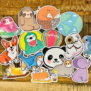 3/$10 Fifteen Cute Cartoon Animal Stickers NEW Corgi Sloth Narwhal Panda Fox